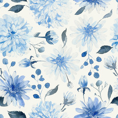 Watercolor seamless pattern with black and blue plants