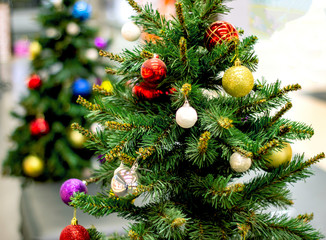 Decorated christmas tree with blurry background of sparkling second christmas tree. Bright Christmas wallpaper with two elegant coniferous trees, one out of focus. Card. wallpaper, congratulation.