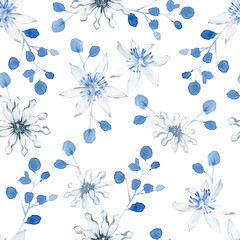 Materiał do szycia Watercolor seamless pattern with black and blue plants