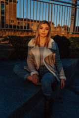 Portrait of Charming Young Blonde Girl, Fashion Street Style