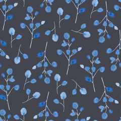 Watercolor seamless pattern with black and blue plants