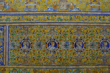 Detail of traditional tiles on facade in Seville Spain