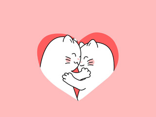 two cute white cats are hugging in pink background ,Valentine's day concept 