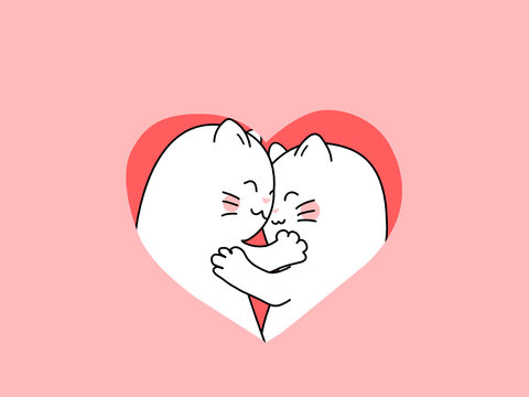 two cute white cats are hugging in pink background ,Valentine's day concept  - Powered by Adobe