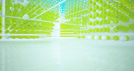 Abstract white interior from array colored gradient glasses spheres with large window. 3D illustration and rendering.