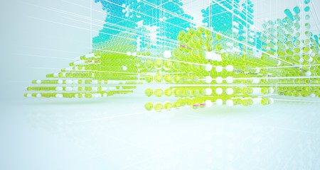 Abstract white interior from array colored gradient glasses spheres with large window. 3D illustration and rendering.