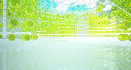 Abstract white interior from array colored gradient glasses spheres with large window. 3D illustration and rendering.