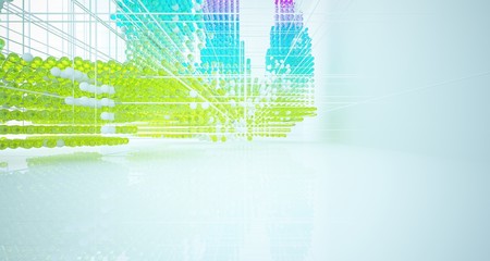 Abstract white interior from array colored gradient glasses spheres with large window. 3D illustration and rendering.