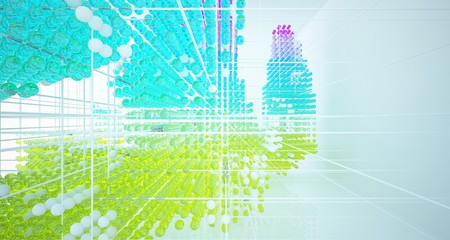 Abstract white interior from array colored gradient glasses spheres with large window. 3D illustration and rendering.