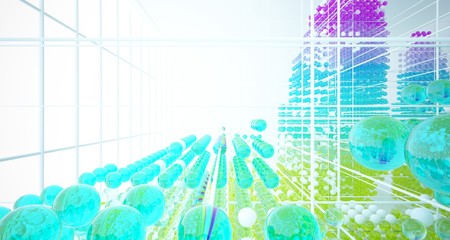 Abstract white interior from array colored gradient glasses spheres with large window. 3D illustration and rendering.
