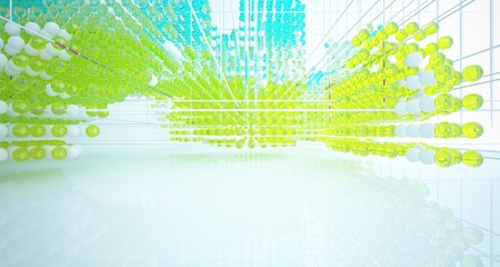 Abstract white interior from array colored gradient glasses spheres with large window. 3D illustration and rendering.