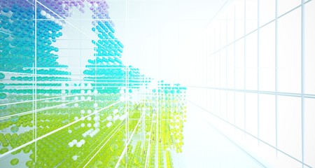 Abstract white interior from array colored gradient glasses spheres with large window. 3D illustration and rendering.
