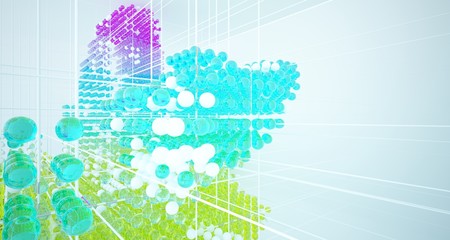 Fototapeta premium Abstract white interior from array colored gradient glasses spheres with large window. 3D illustration and rendering.