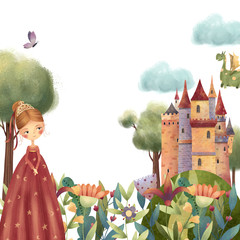 Beautiful princess with fantasy flowers, dragon and castle. Hand drawn illustration.