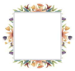 Summer, spring, easter, birthday or wedding square frame with flowers, leaves and branches. Hand drawn  illustration.