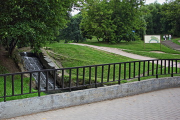Moscow Waterfall in Park Kolomenskoe on summer day