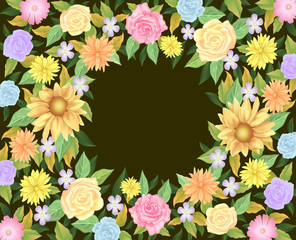 Floral frame template decoration, Rose flowers with leaves