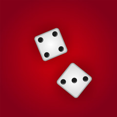 Dice 3d vector set with six marked faces and dot numbers to throw during gamble games isolated on red velvet table. Las Vegas poker game, gambling addiction, jackpot expectations or casino symbol.