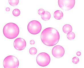 Pink shampoo bubbles vector, soft glow floating up transparent glossy spheres isolated on white background. Bright joyful fairy tale design, illustration for kids party banner, poster, game app.