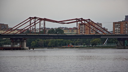 Modern metal bridge on Moscow river close up, Nagatino district