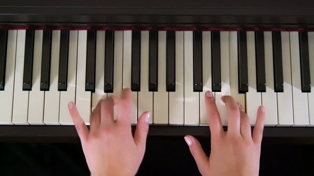 Young Woman Pianist Hands Playing Grand Piano Top View, Slider