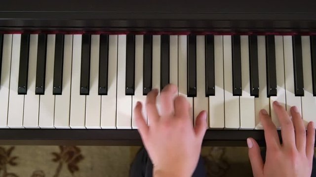 Young Female Pianist Hands Playing Grand Piano Top View, Slider