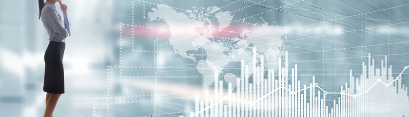 Future Financial Technology Interface. Graph Stock Market chart. World map on virtual screen. Website Banner.