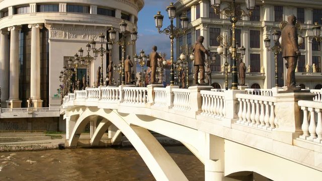 Macedonian council building parliament, courtyard bridge, Vardar River, Skopje, Macedonia