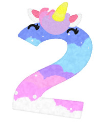 3D “Unicorn Cartoon character Number” design with fur feather  creative decorative with pastel colorful, Number 2 has clipping path. Design font for Christmas holiday. element alphabet in scrapbook.