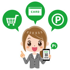 キャッシュレス　PAY　ビジネスウーマン　ポイント