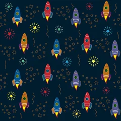  Ruimte, kleurrijke raketten en sterren, grote reeks elementen, donkerblauwe achtergrond, naadloos patroon, vector © Olesya