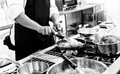 Chef preparing food in the kitchen, chef cooking, closeup