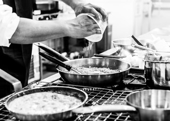 Chef preparing food in the kitchen, chef cooking, closeup