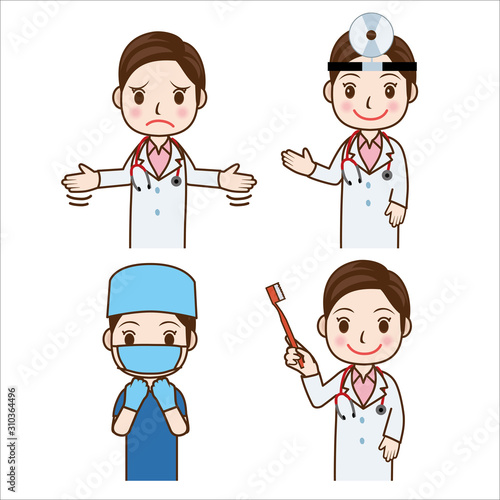 女性医師のポーズイラストセット 上半身 耳鼻科医 手術着 困惑 歯ブラシ Illustration Of Doctor Wall Mural Globeds