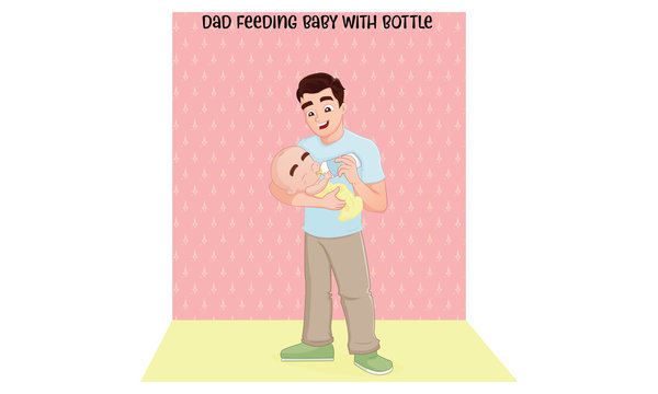 Vector Cartoon Illustration. Dad Holding Baby And Dad Feeding Baby With Bottle. Isolated On White Background.