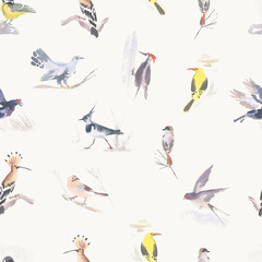 Watercolor seamless pattern with different birds. Hand drawn illustration.