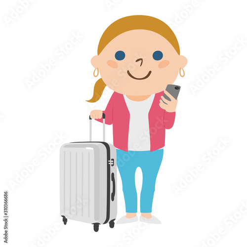 旅行者のイラスト 大きなスーツケースを持って 旅行している若い外国の女性 Active Wall Mural Acti Yukimco