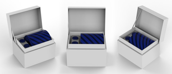 men silk tie and cuff links set for branding. 3d illustration.