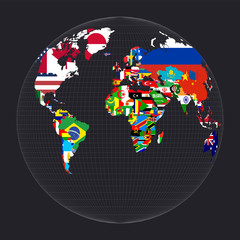 World map with flags. Gilbert's two-world perspective projection. Map of the world with meridians on dark background. Vector illustration.