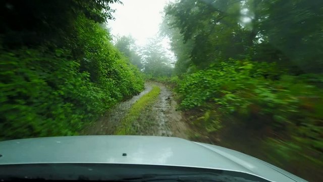Driving dangerous foggy mountain dirt road, without view, Rize, Turkey