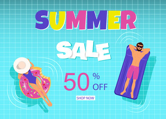 Summer discount banner. Summer, a beautiful young woman with inflatable ring relaxing in blue swimming pool