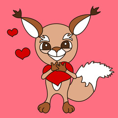 Emoticon with a funny happy squirrel in love that stands and presses his hands to his chest a big red heart, vector clip art on a pink isolated background