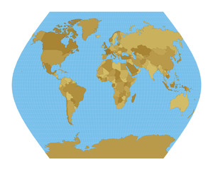 Fototapeta na wymiar World Map. Ginzburg VIII projection. Map of the world with meridians on blue background. Vector illustration.