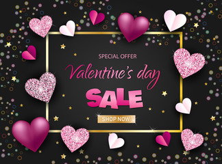 Happy valentines day sale background with hearts, gold frame, sparkles and handwritten calligraphy. Vector illustration.