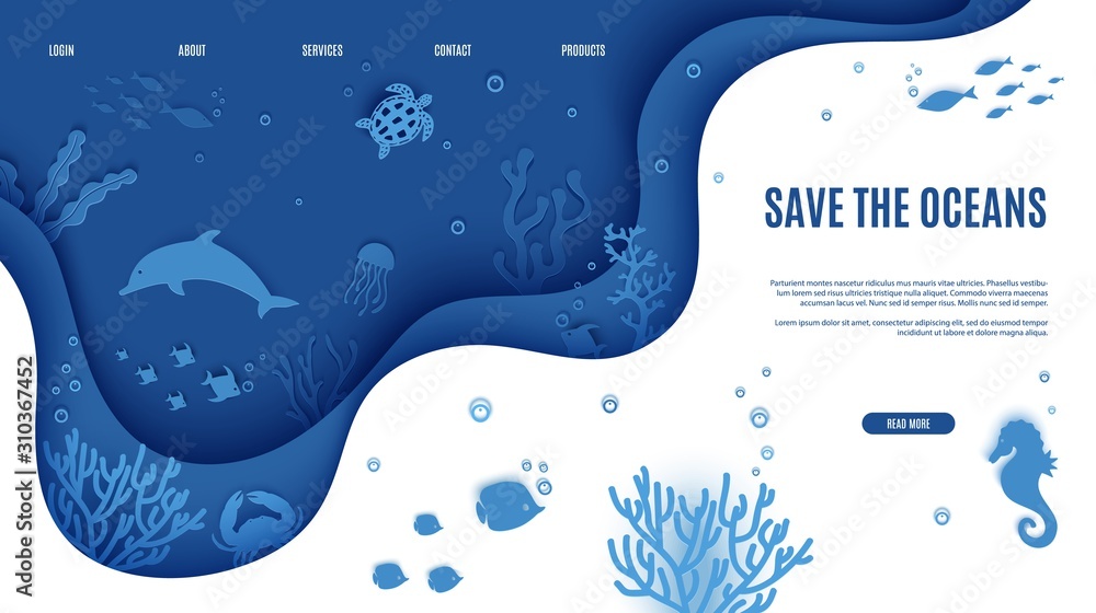 Wall mural web page design template in paper cut style underwater ocean underwater view through cave porthole. 