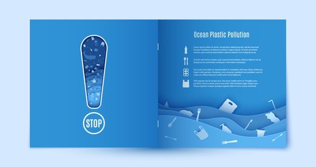 Papercut stop ocean plastic pollution blue flyer template. Sample environmental booklet with the cutout in the form of an exclamation mark. Sea waves waste in paper cut style. Vector ecological poster © A_Y_N