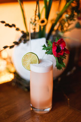 A refreshing cocktail in a highball glass on the bar counter. Warm lifestyle image, selective focus, natural light