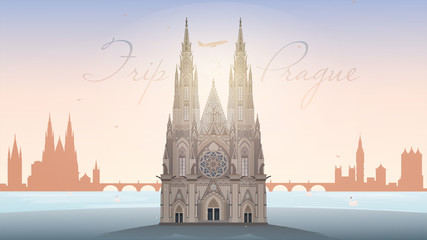 Obraz premium Trip to Prague banner. Landmark of Prague St. Vitus Cathedral. Well suited for travel advertising, travel posters, postcards and souvenirs. Vector Travel Banner