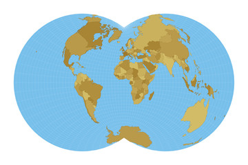 Fototapeta na wymiar World Map. Nicolosi globular projection. Map of the world with meridians on blue background. Vector illustration.