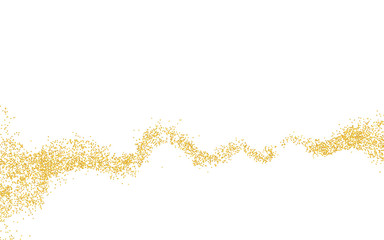 Horizontal wavy strip sprinkled with crumbs golden texture. Background Gold dust on a white background. Sand particles grain or sand. Vector backdrop golden path pieces grunge for design illustration